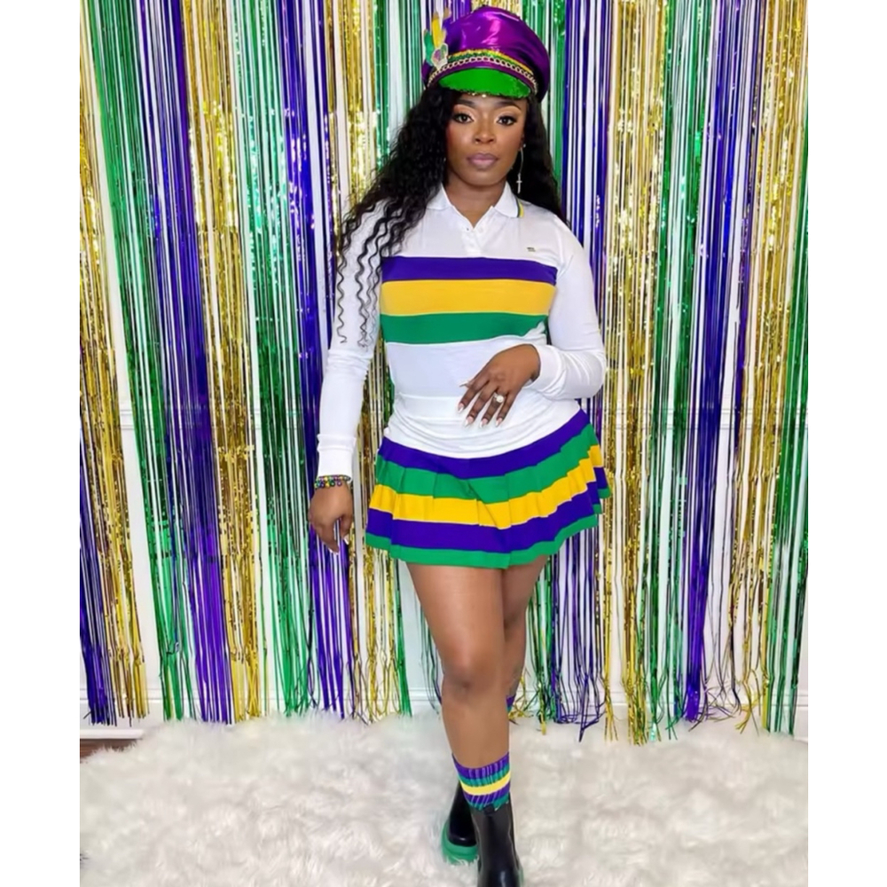 White Mardi Gras Color Block 2pc Skirt and Long Sleeve Top Set
